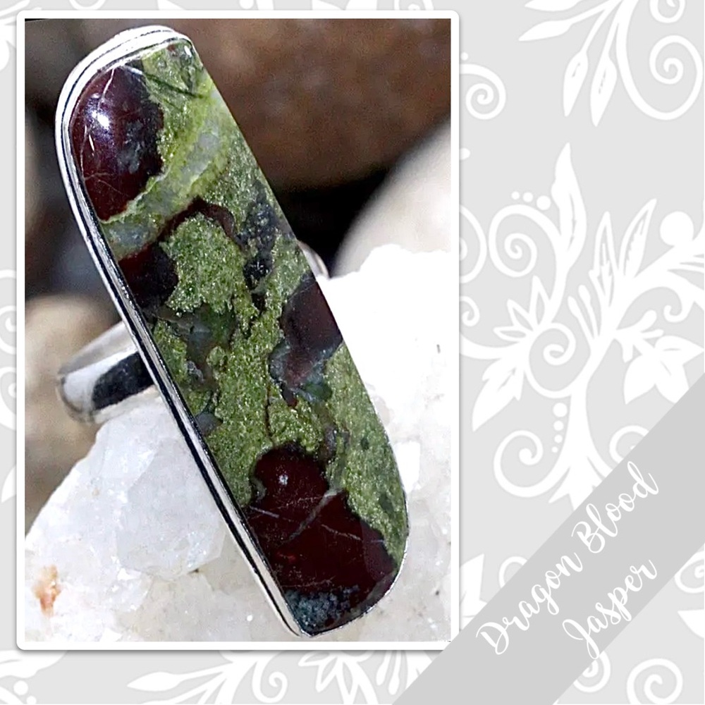 Dragon Blood Jasper Eclectic Silver Artisan Ring, 8 (Olive Green, Burgundy Red)